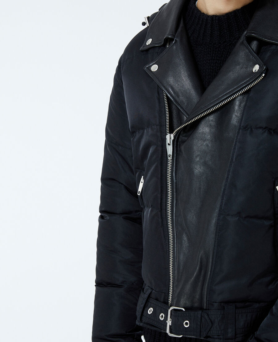 quilted black down jacket with leather detail