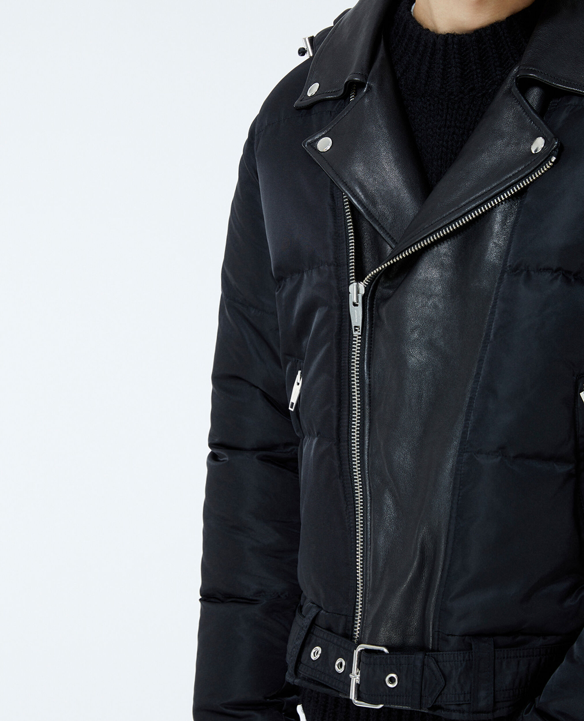 Quilted black down jacket with leather detail, BLACK, hi-res image number null