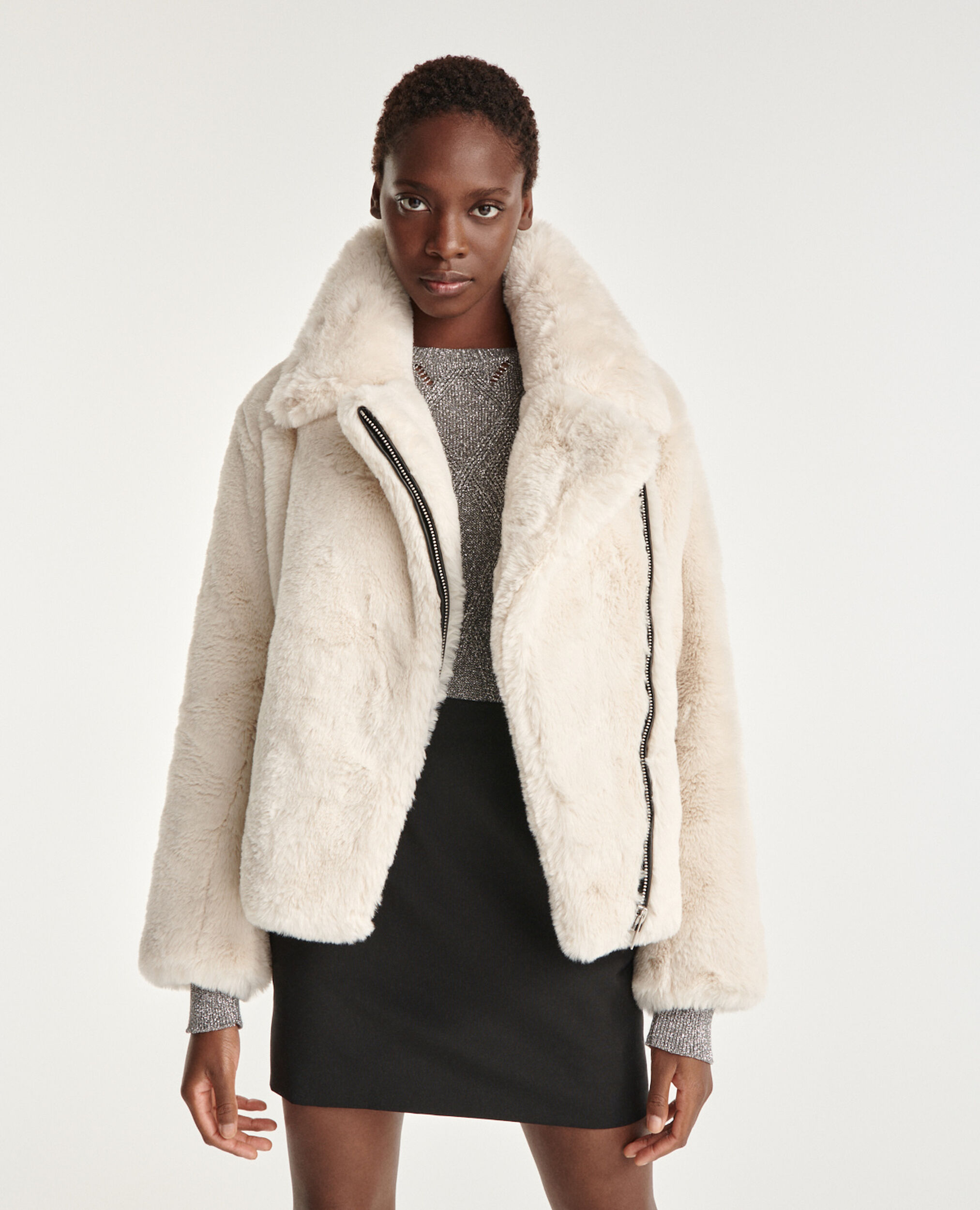 White faux fur coat with leather, WHITE, hi-res image number null