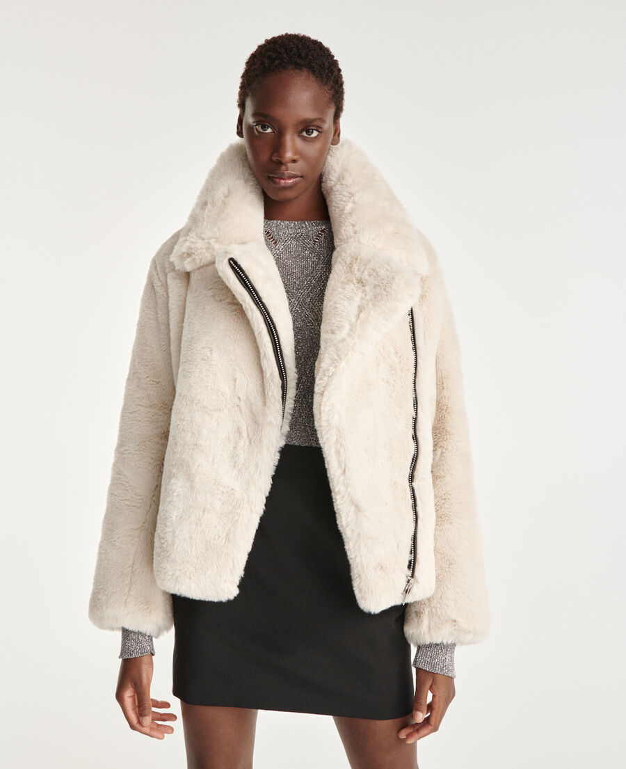 white faux fur coat with leather
