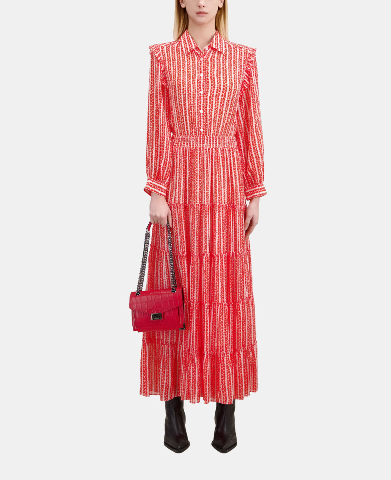 The Kooples MUJER RED WHITE vestido largo estampado volantes