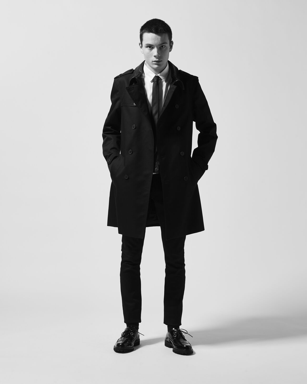 The Kooples HOMME BLACK trench noir coton style croisé col cuir