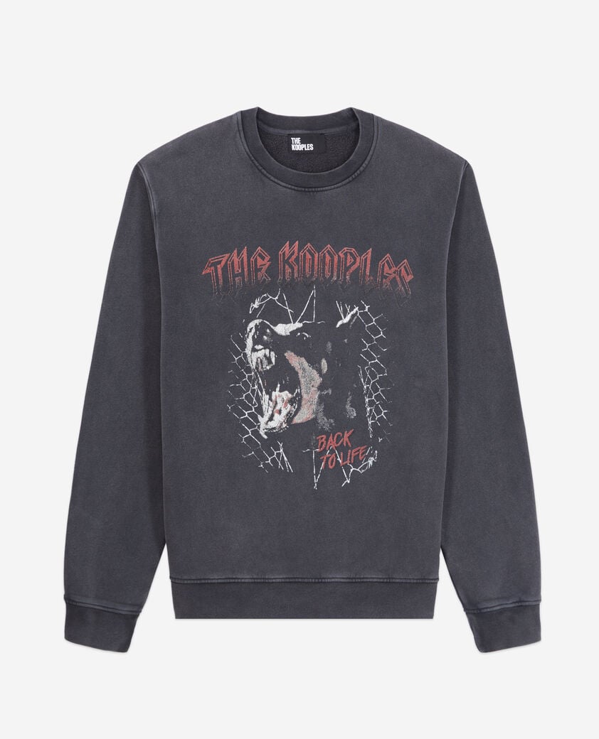 The Kooples HERREN BLACK WASHED herren schwarzes sweatshirt mit barking-dog-siebdruck