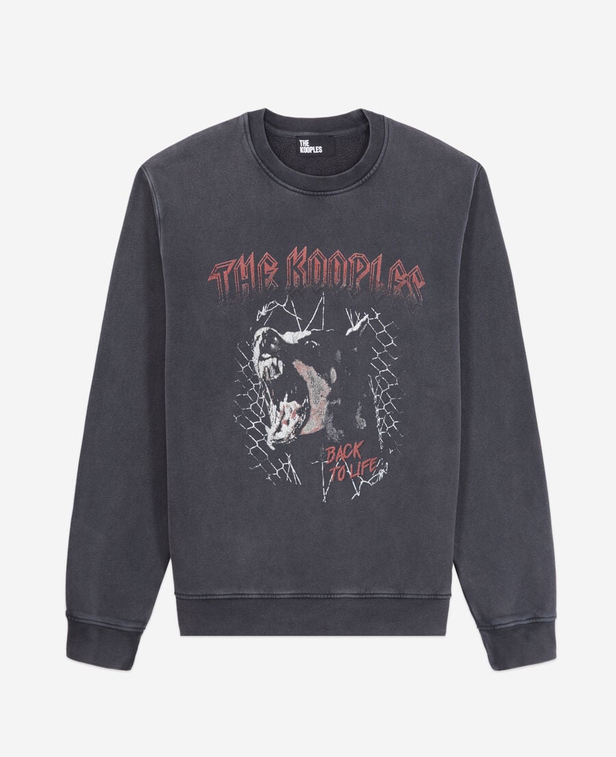 The Kooples MEN BLACK WASHED men's black sweatshirt with barking dog serigraphy