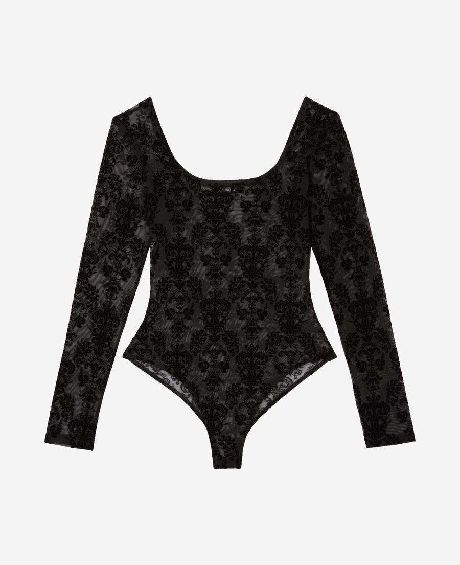 The Kooples WOMEN BLACK mesh bodysuit with black flocking