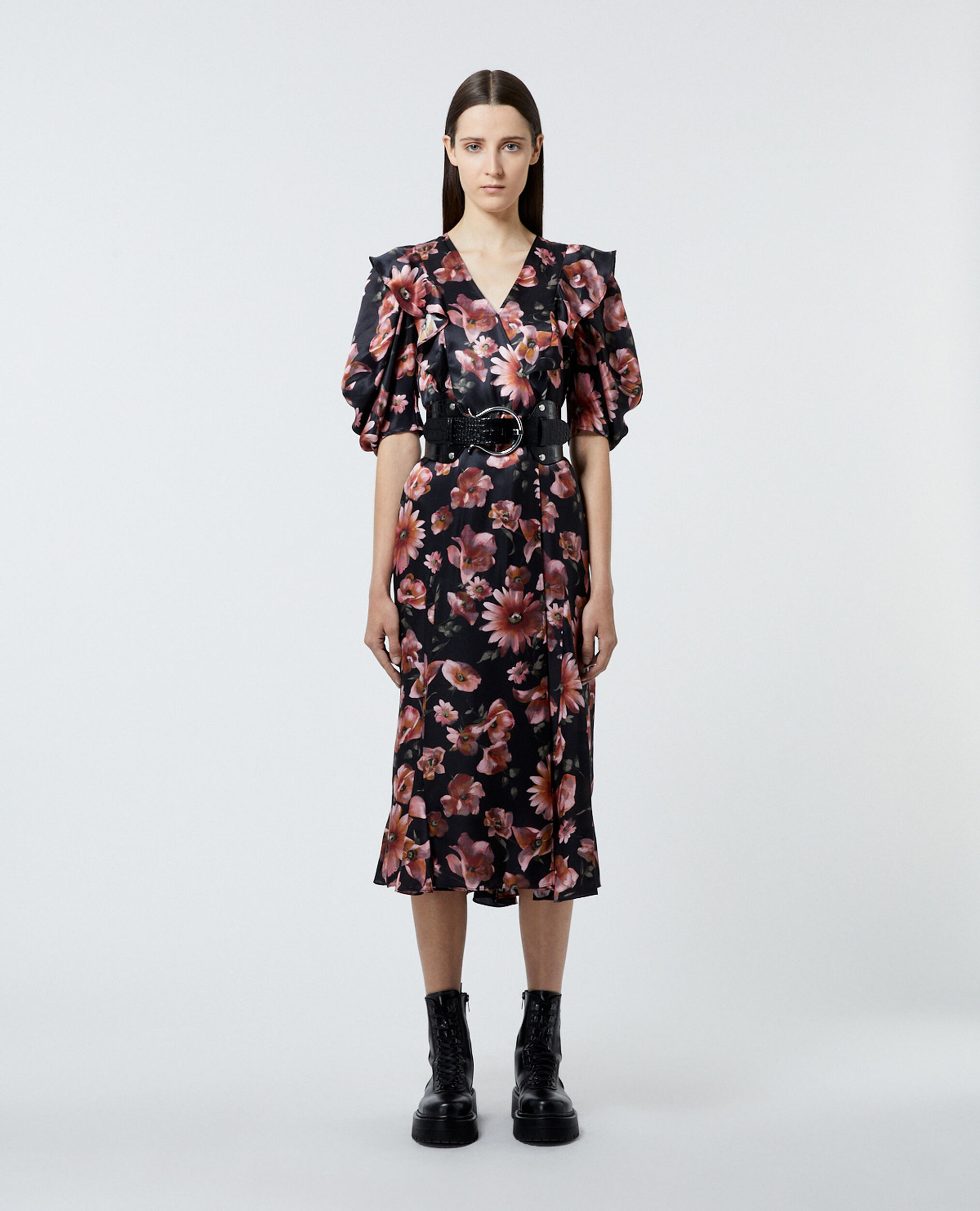 Black printed wrap dress, BLACK, hi-res image number null