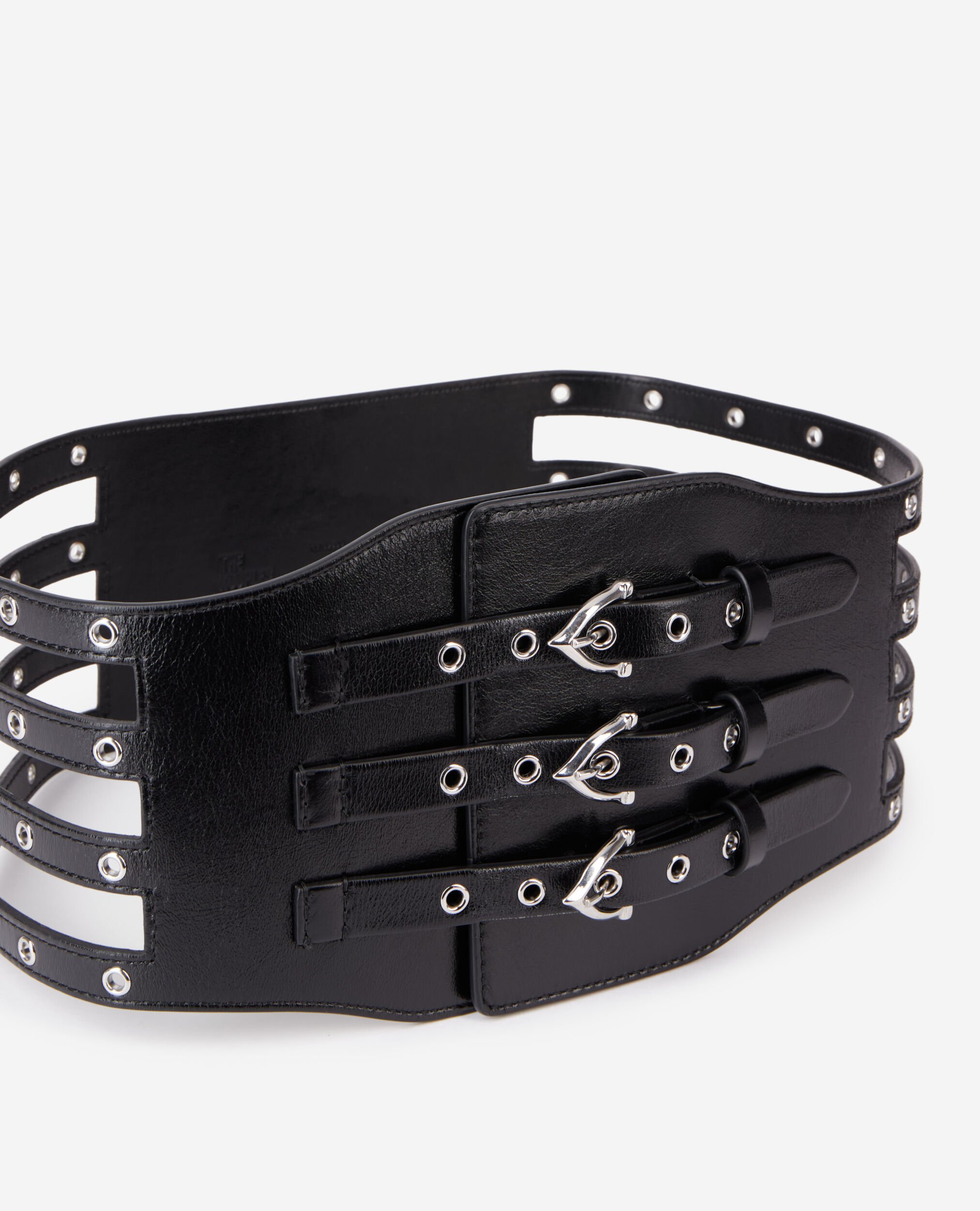 Black leather corset belt with eyelets, BLACK, hi-res image number null