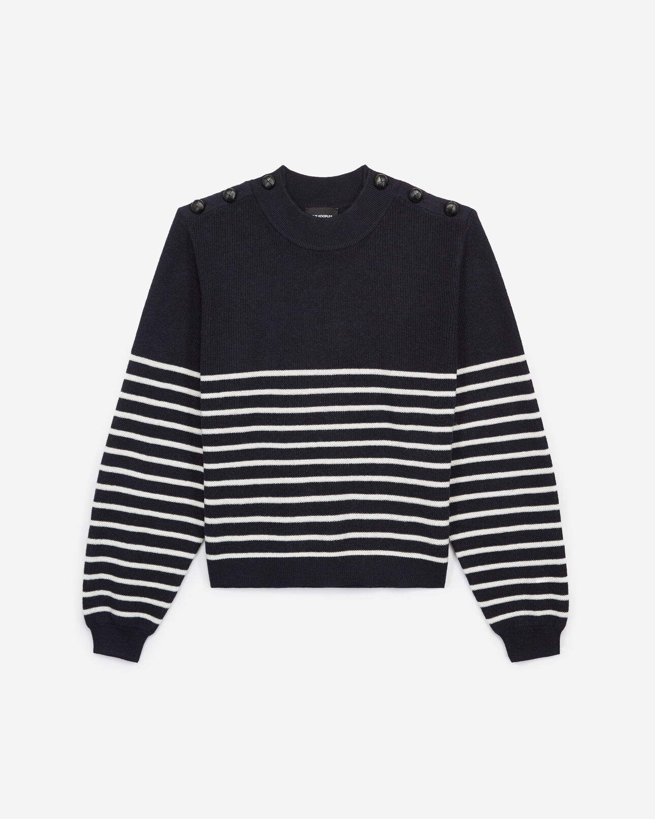The Kooples FEMME NAVY pull marinière laine bleu marine boutons cuir