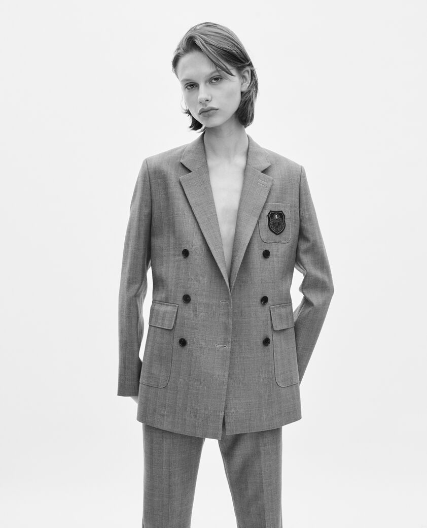 The Kooples WOMEN CAMEL double-breasted wool suit jacket with camel crest