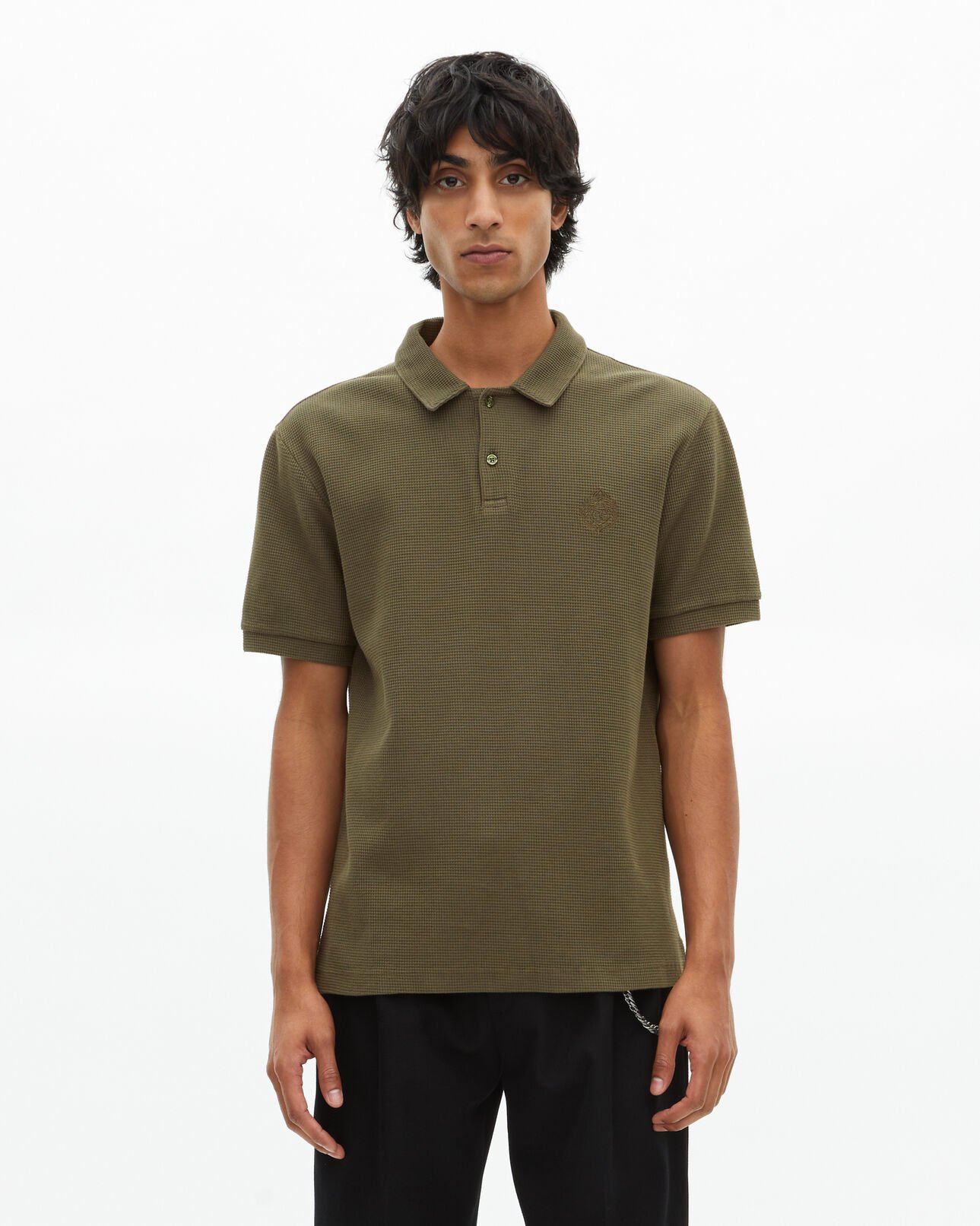 The Kooples H KAKI khaki honeycomb polo shirt with crest