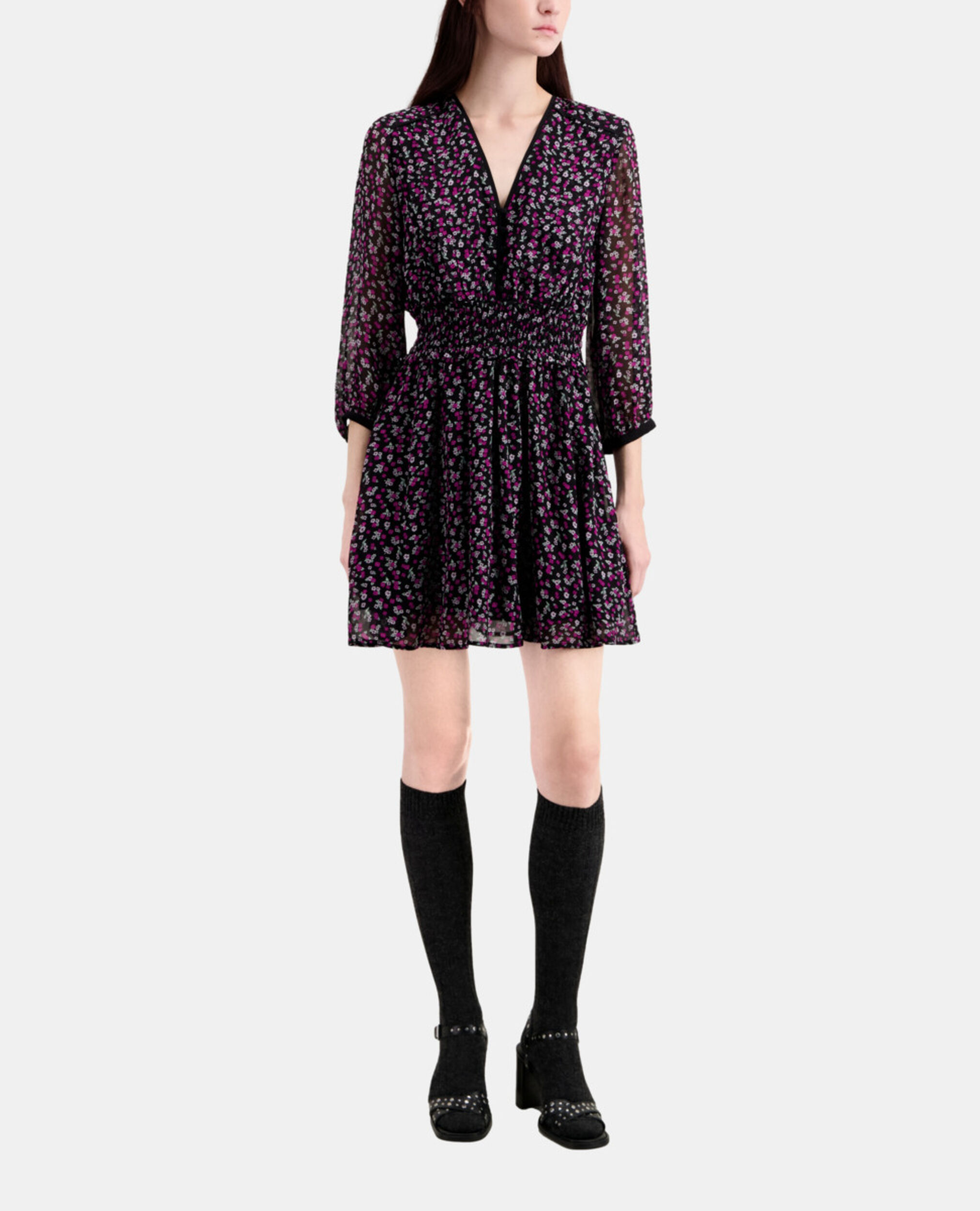 Vestido corto estampado fruncidos, BLACK / PINK, hi-res image number null