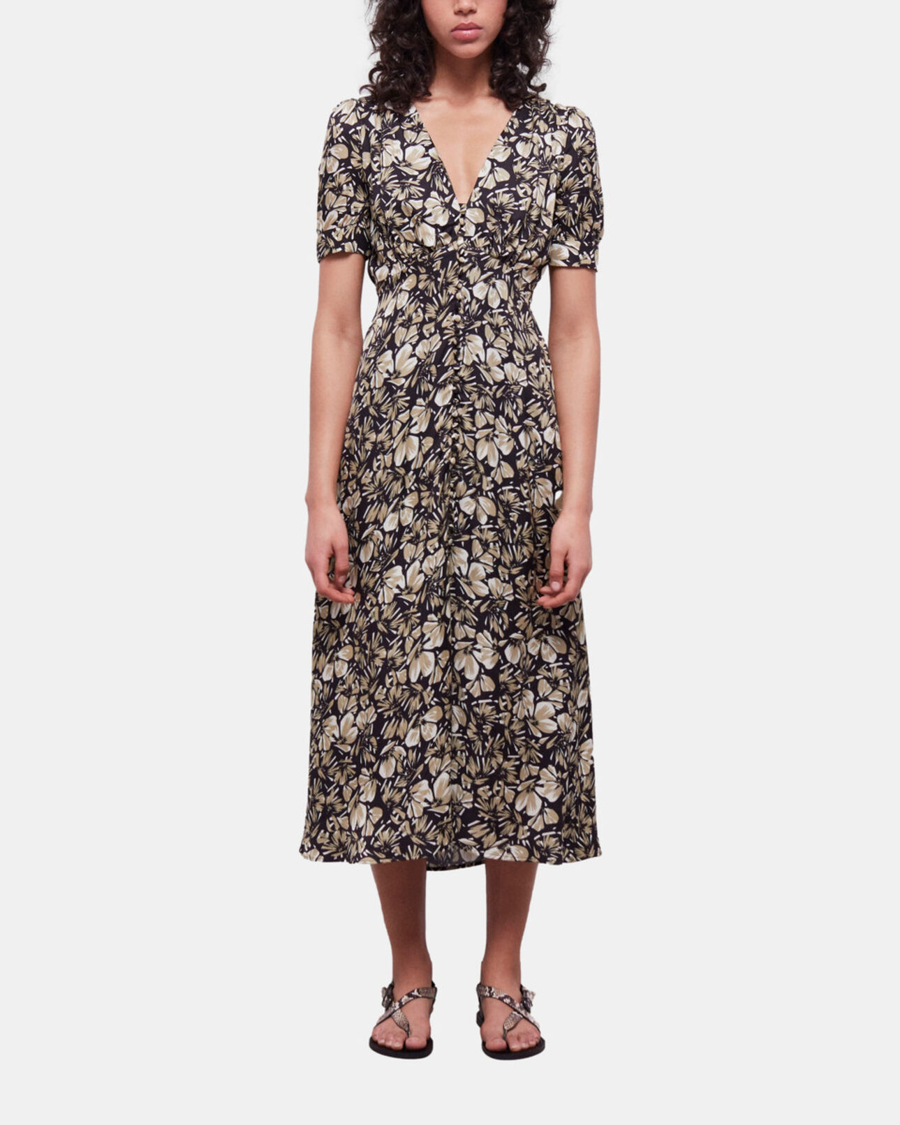 The Kooples WOMEN BLACK BROWN long printed dress with buttons