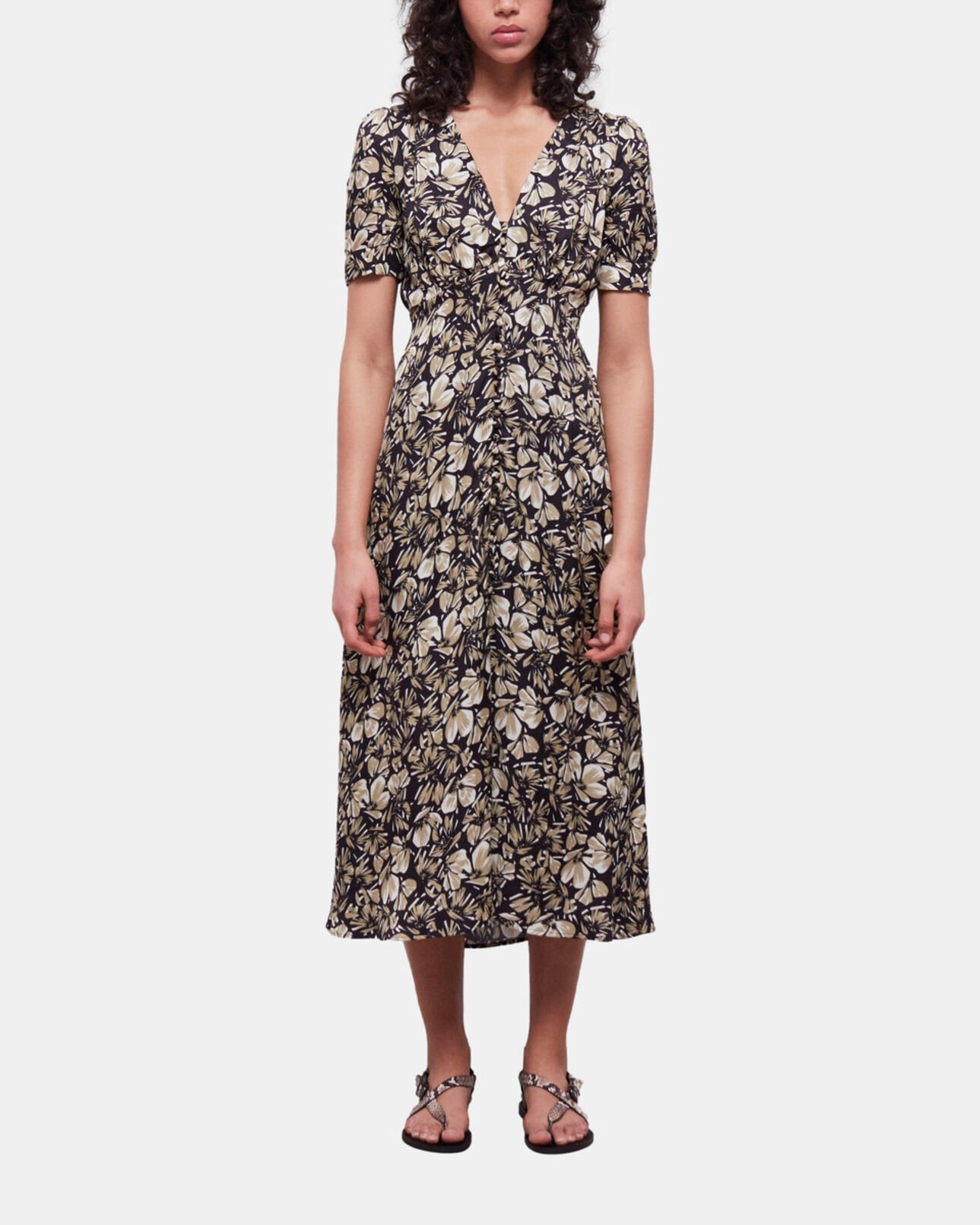The Kooples WOMEN BLACK BROWN long printed dress with buttons