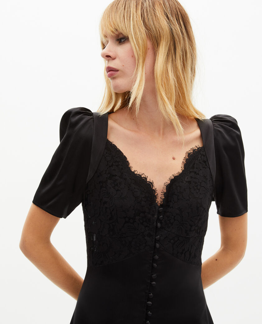 The Kooples DAMEN BLACK langes kleid aus seide mit schwarzer spitze