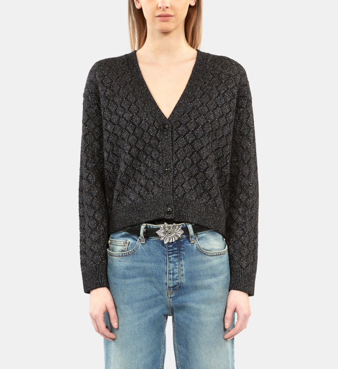 Black cardigan with silver thread details| The Kooples