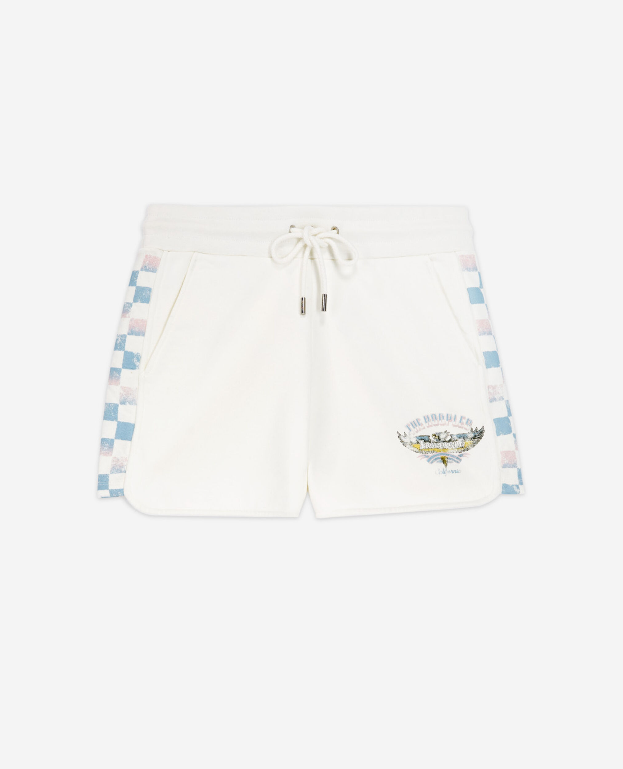 Blue and ecru fleece shorts with check motif, ECRU, hi-res image number null
