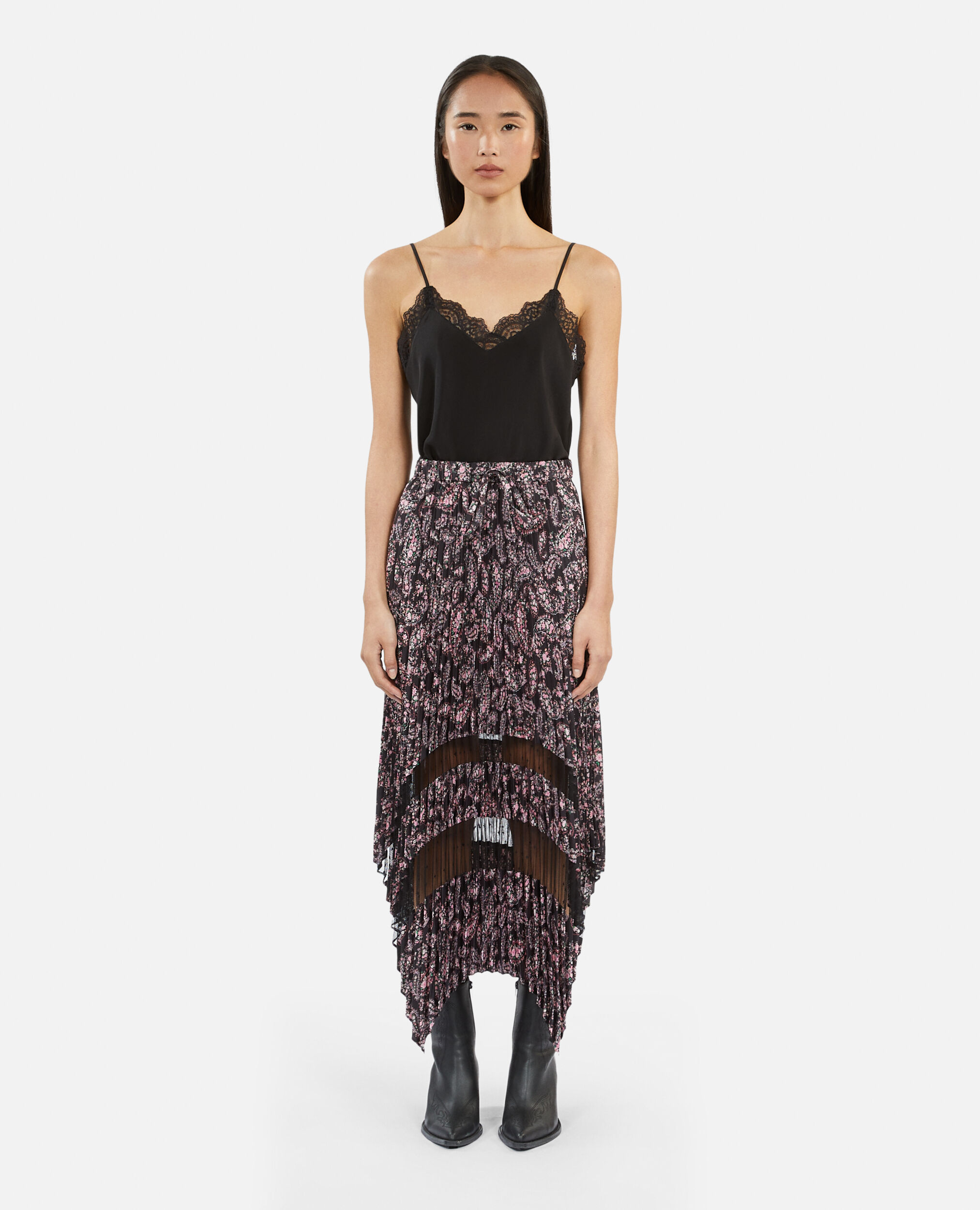 Printed pleated long skirt, BLACK / PINK, hi-res image number null