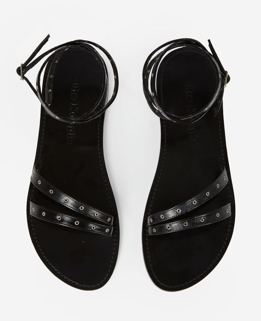 The Kooples WOMEN BLACK black leather flat sandals with eyelets