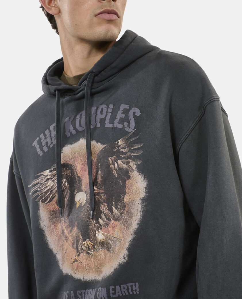 The Kooples HERREN BLACK WASHED schwarzes kapuzensweatshirt mit siebdruck