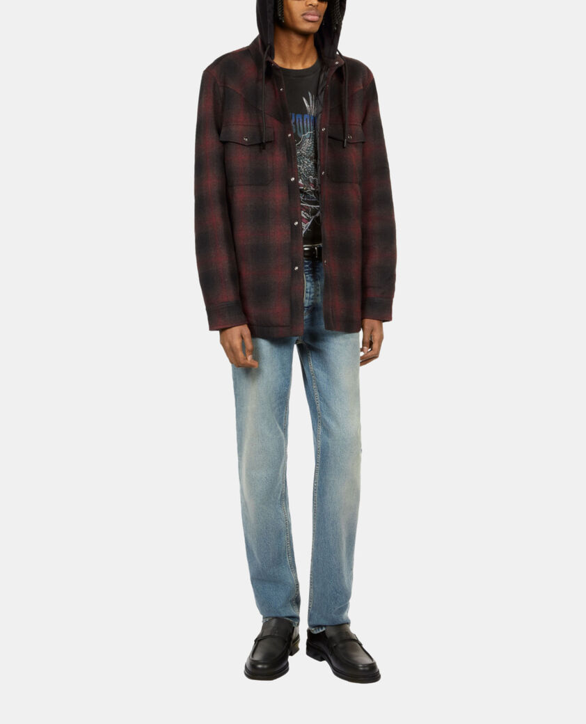 The Kooples HOMME BLACK-BORDEAUX blouson &agrave; capuche style surchemise &agrave; carreaux