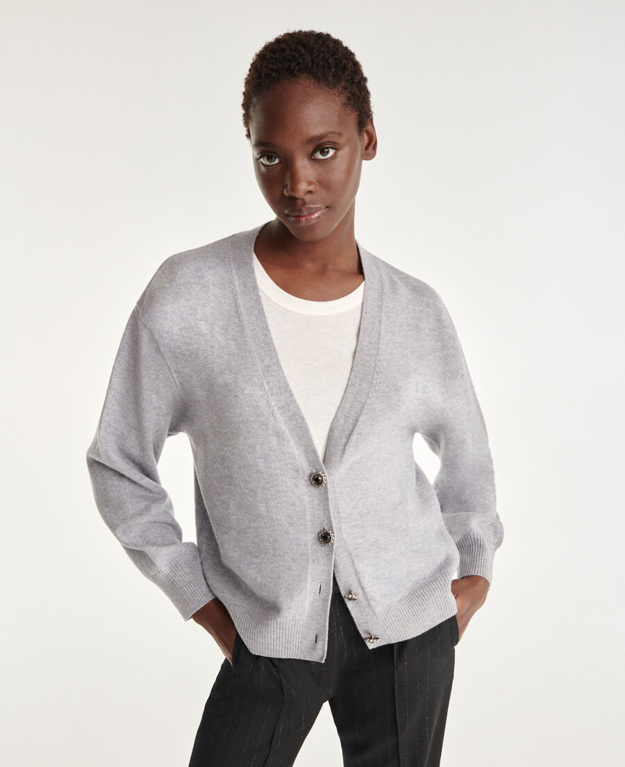 v-neck gray wool cardigan with jewel buttons
