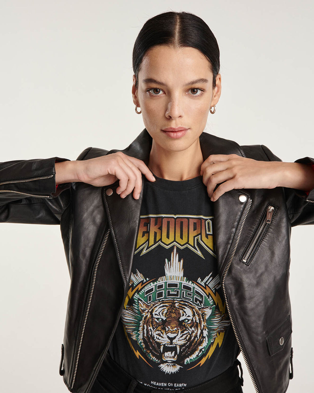 The Kooples FEMME BLACK veste motard cuir noir à détails zippés
