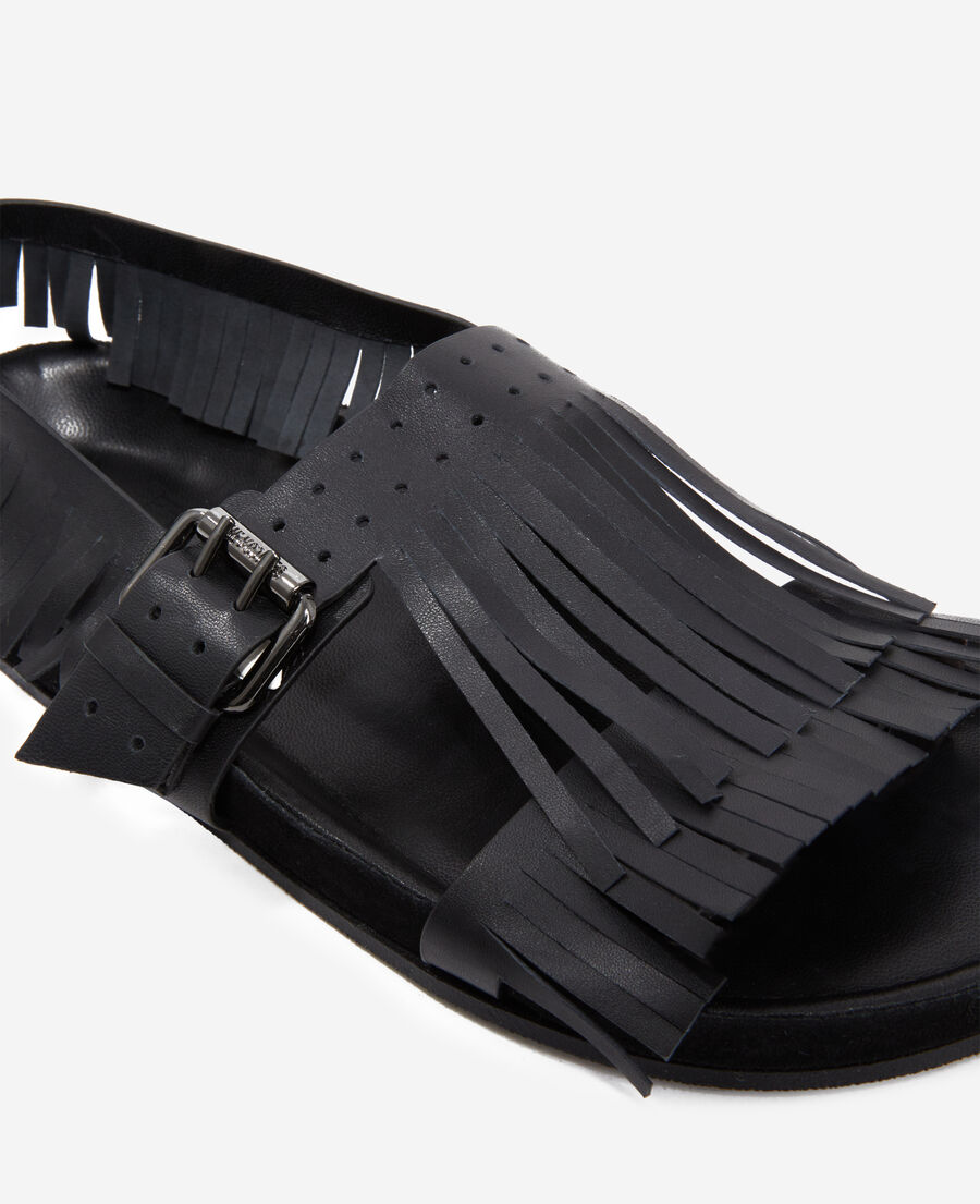 sandales noires à franges en cuir