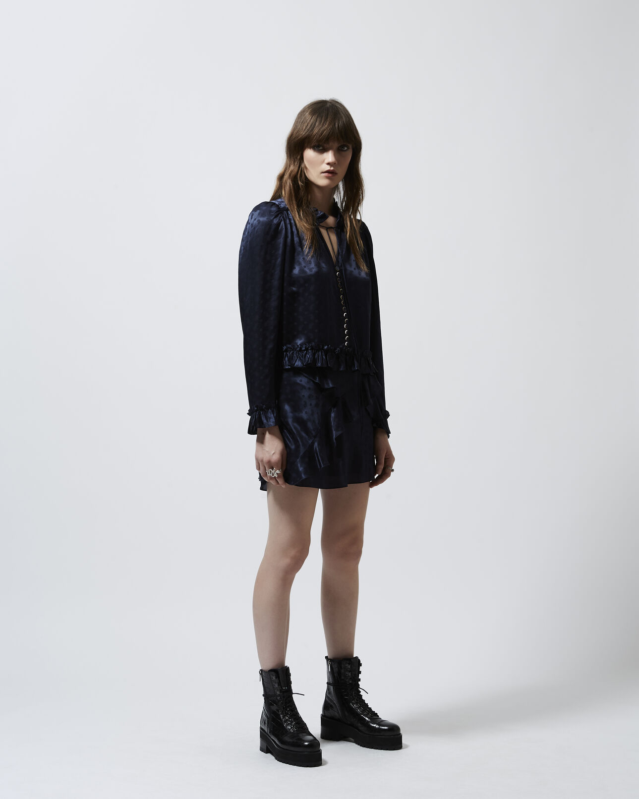 The Kooples FEMME NAVY chemise volants jacquard bleu marine