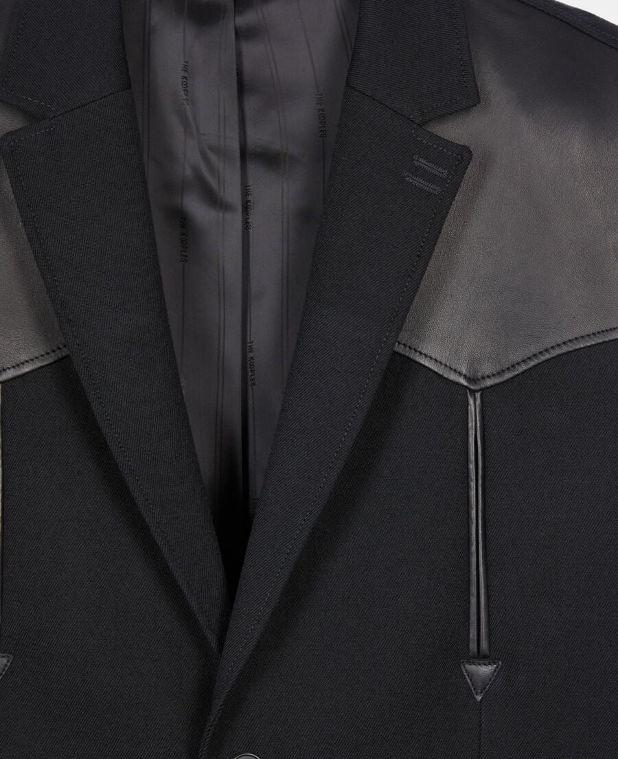 The Kooples HOMME BLACK veste en laine avec d&eacute;tails en cuir noire