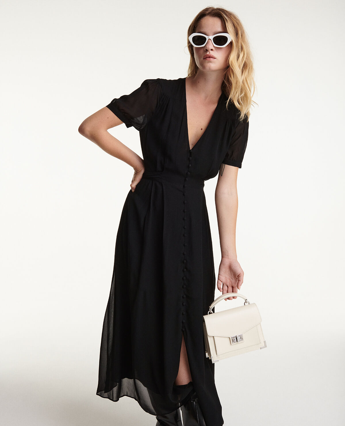 Long black dress with belted waist The Kooples