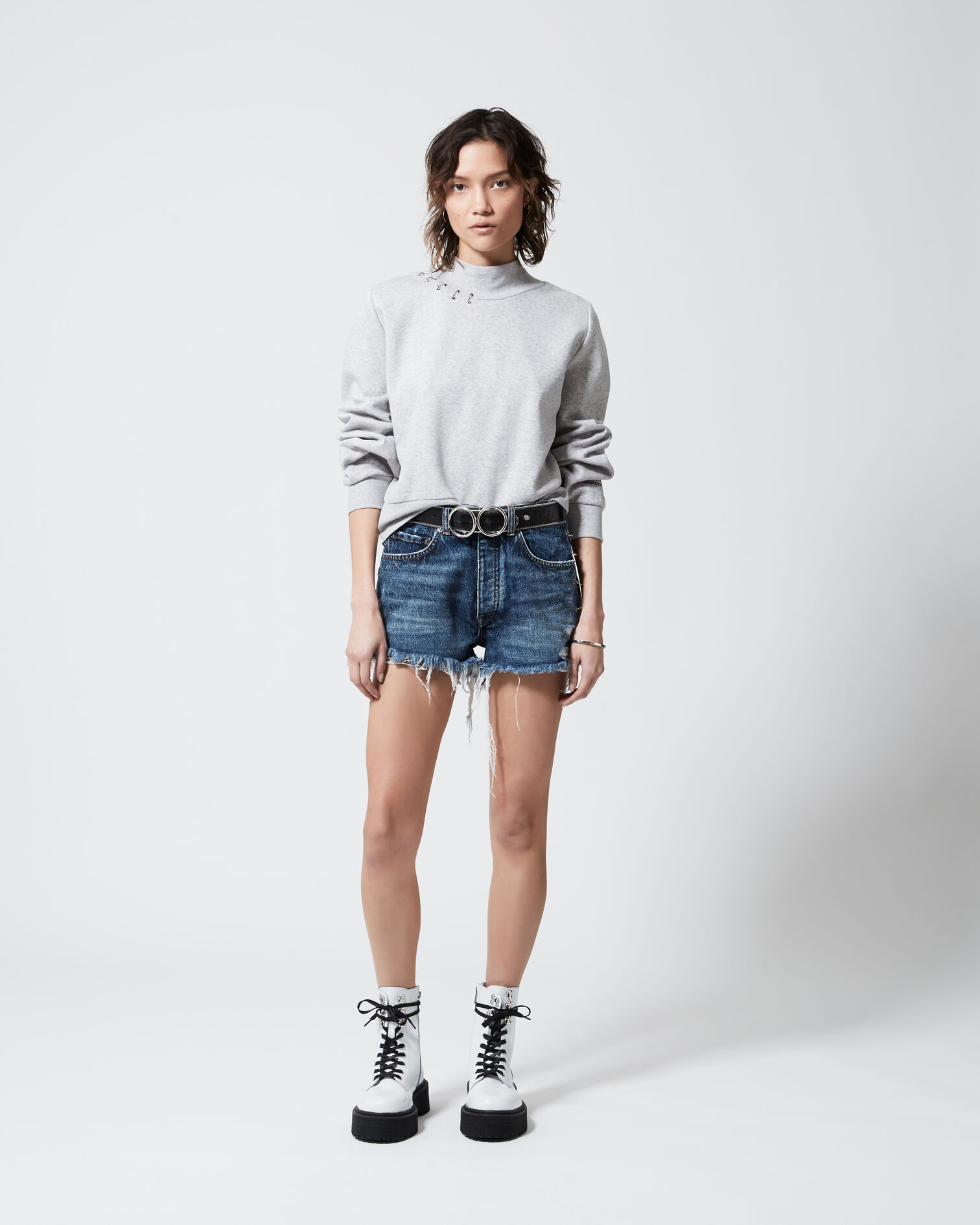 High-neck heather grey sweatshirt w/piercing, LIGHT GREY, hi-res image number null