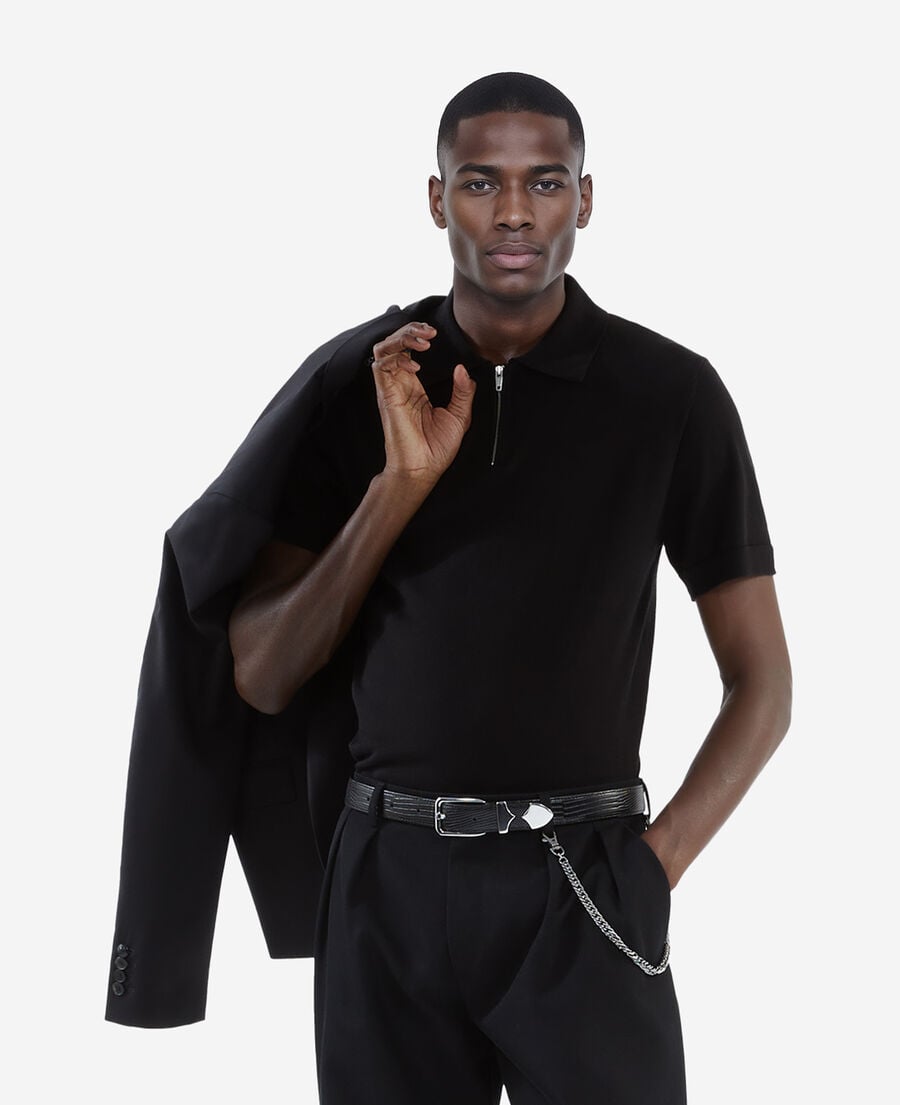 The Kooples H BLACK black mesh polo shirt with zipped neck