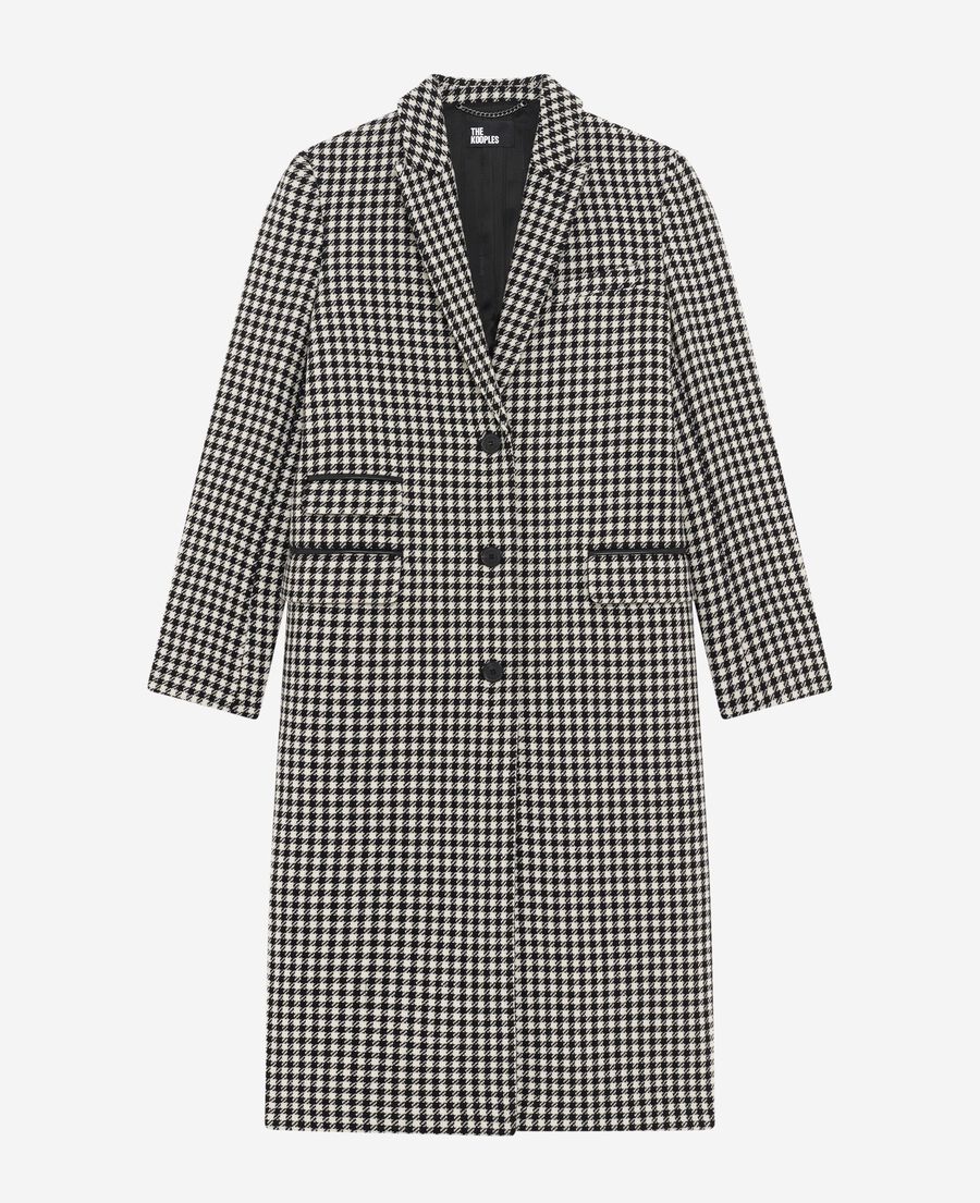 The Kooples WOMEN BLACK WHITE long black and white wool houndstooth coat
