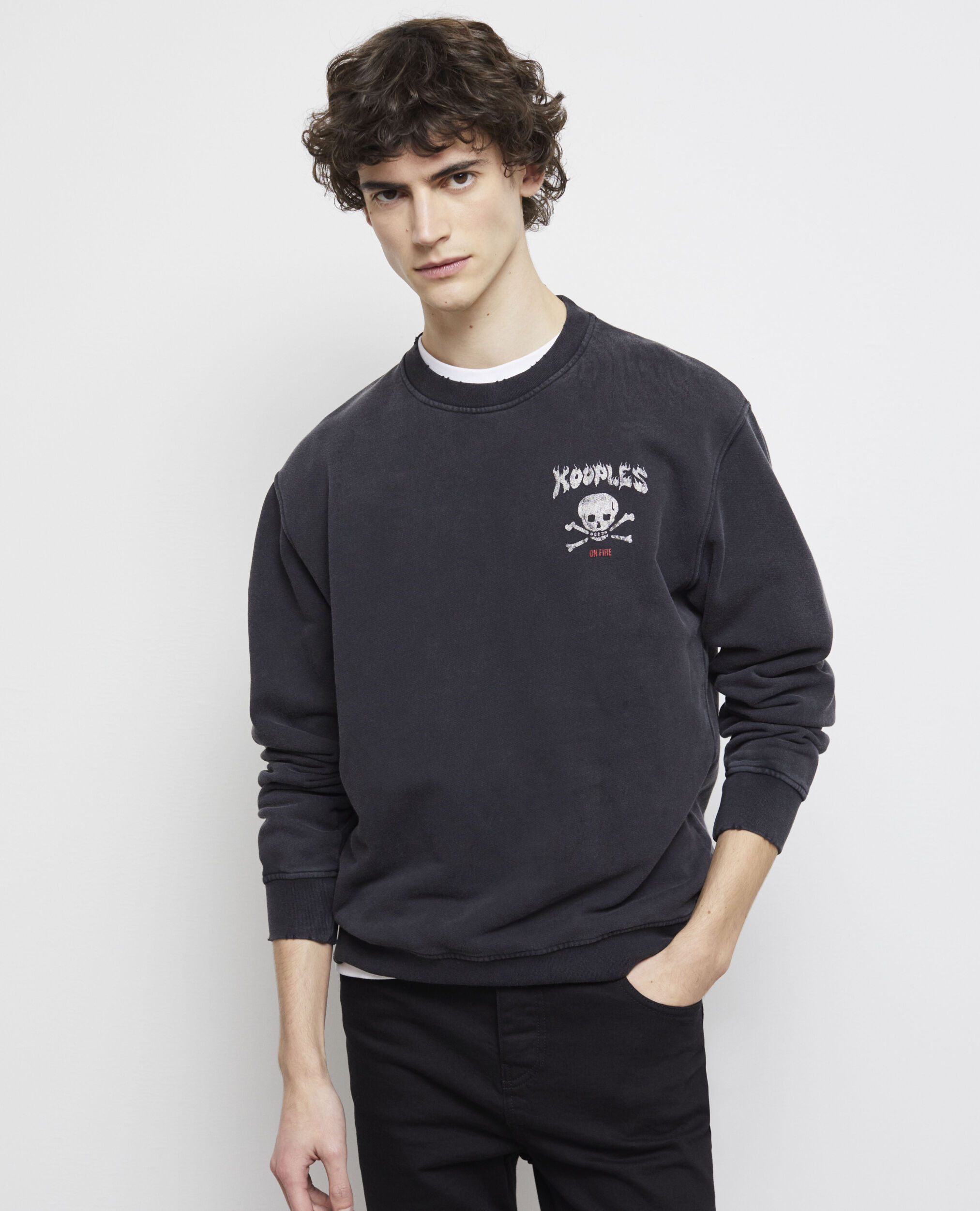 Schwarzes Sweatshirt mit Siebdruck, BLACK WASHED, hi-res image number null