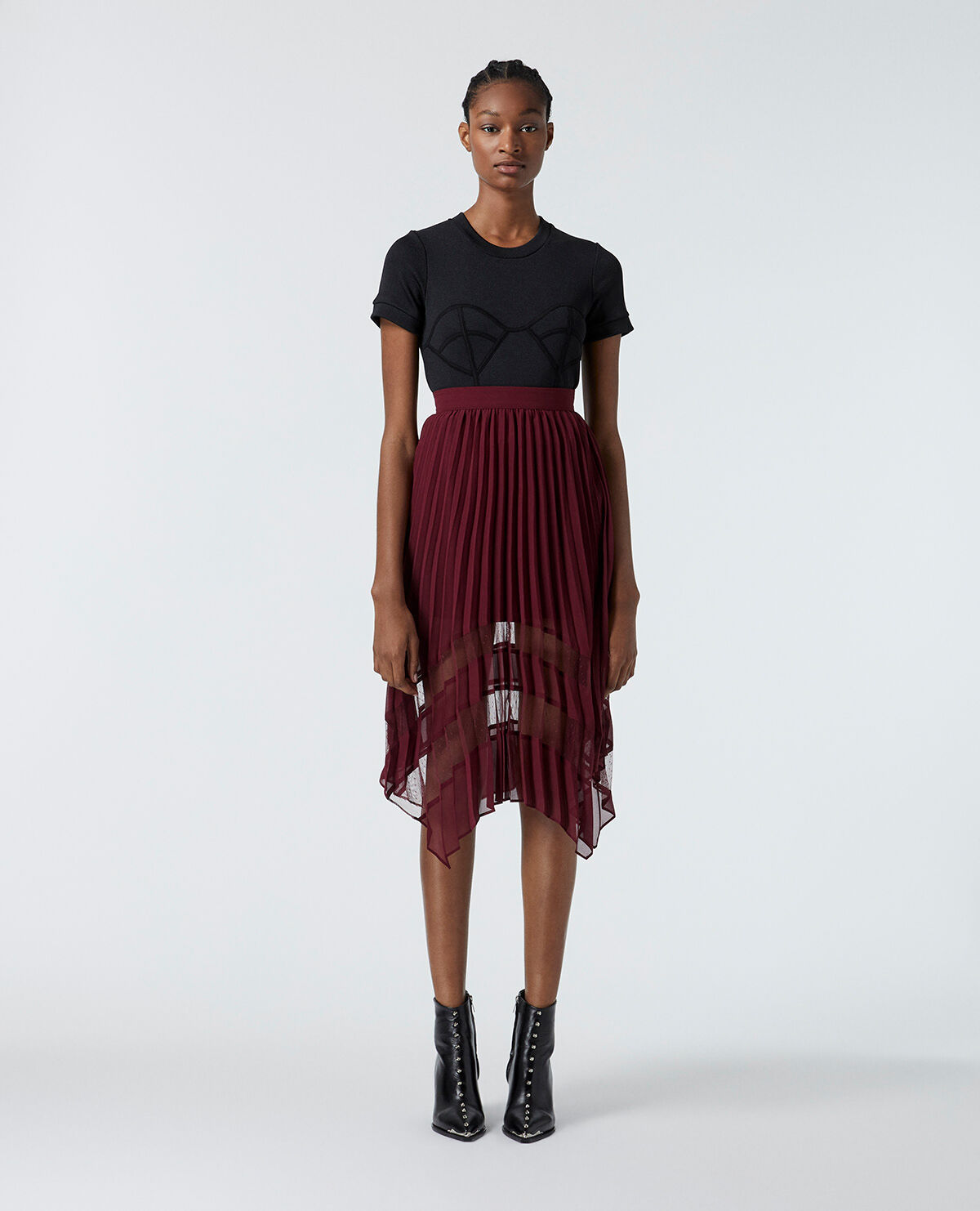Burgundy long pleated skirt The Kooples UK