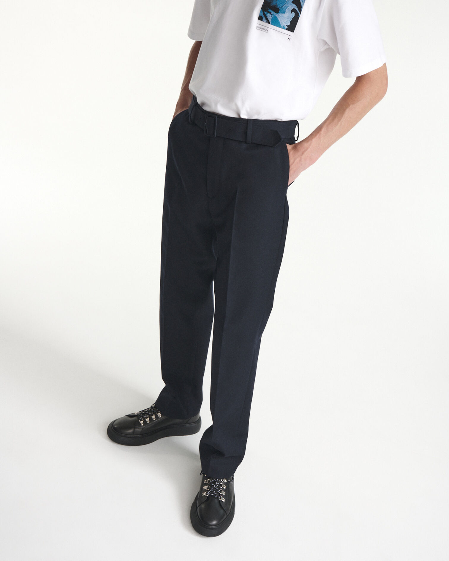 Pantalon droit laine bleu marine à plis, NAVY, hi-res image number null