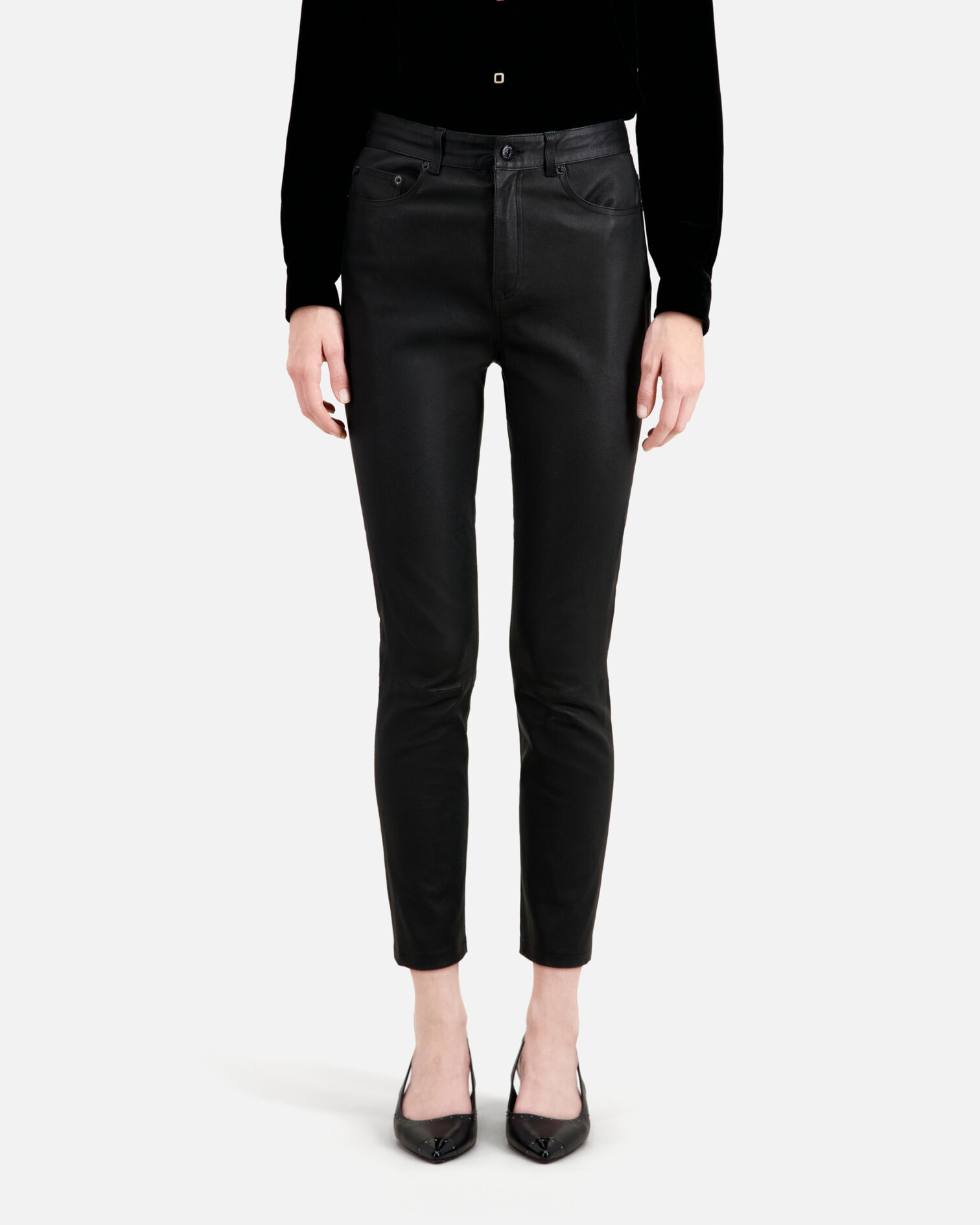 Black leather skinny trousers, BLACK, hi-res image number null