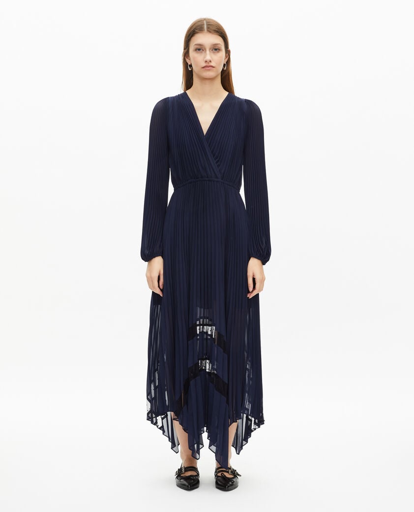 The Kooples FEMME NAVY robe longue plissée avec dentelle bleu marine