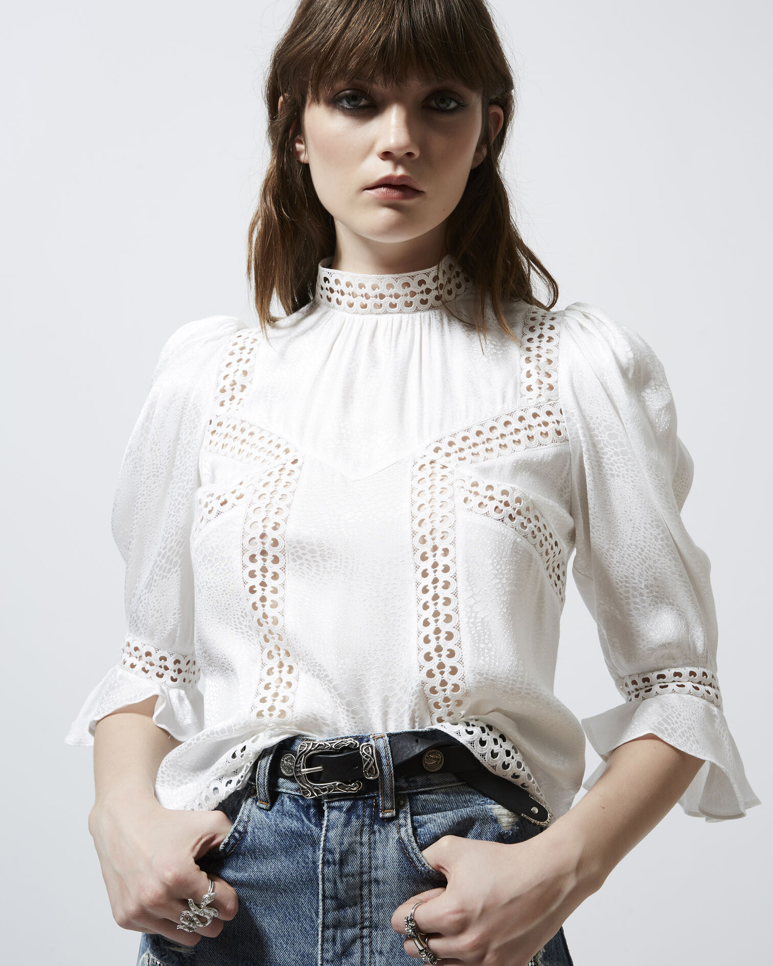 Long-sleeve ecru top with lace trims, ECRU, hi-res image number null