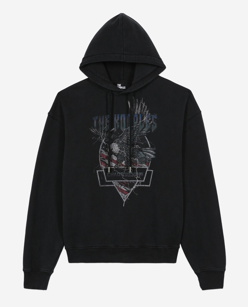 The Kooples MEN BLACK WASHED black hoodie with chaos eagle serigraphy