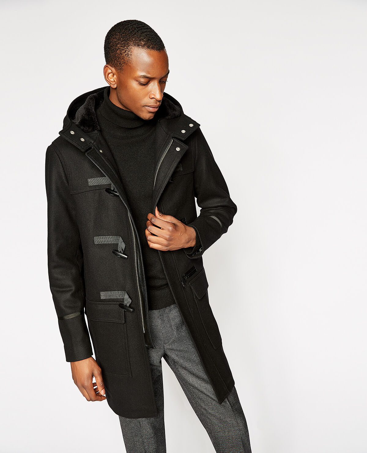 Black duffle coat with leather inserts