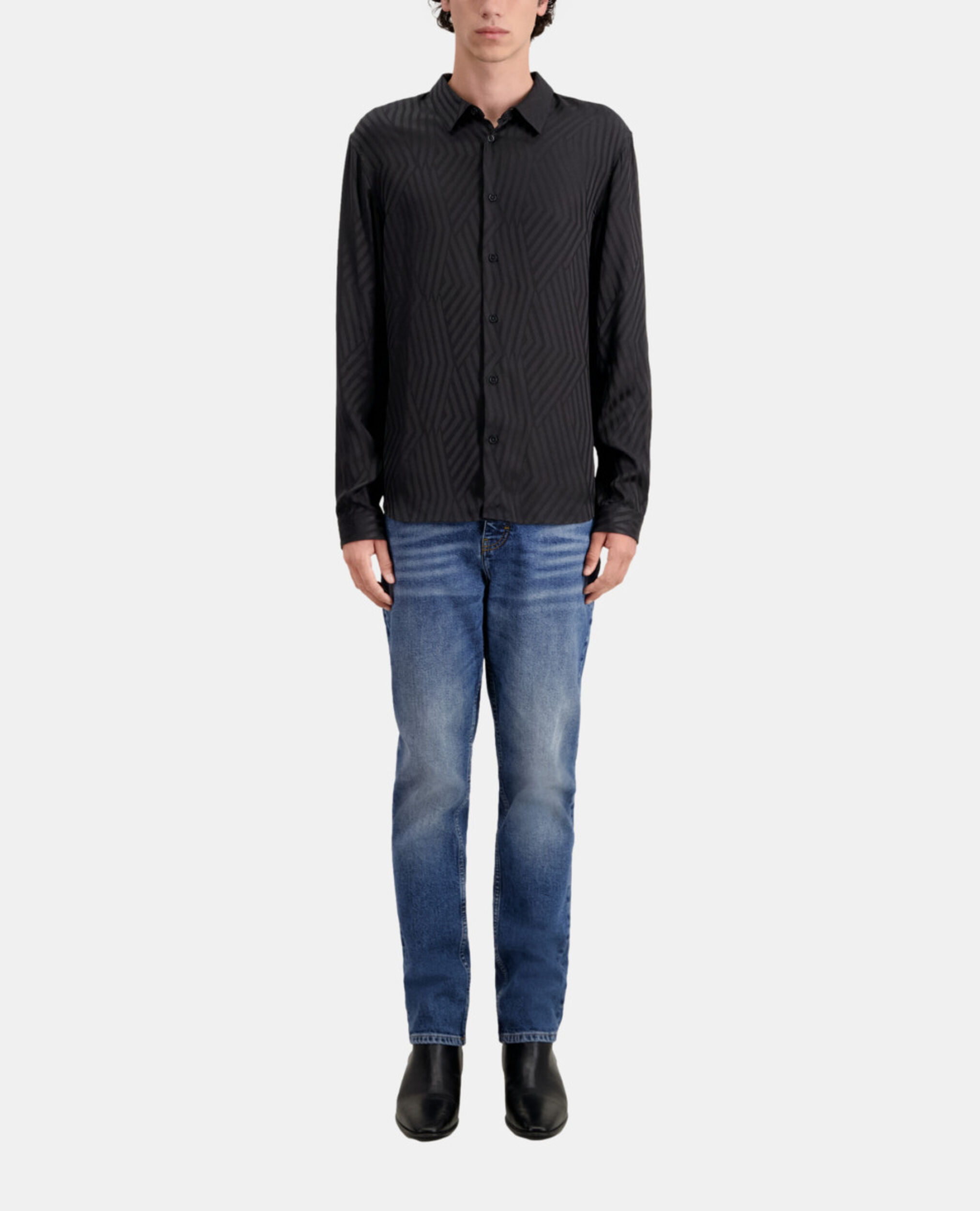 Black geometric jacquard shirt, BLACK, hi-res image number null