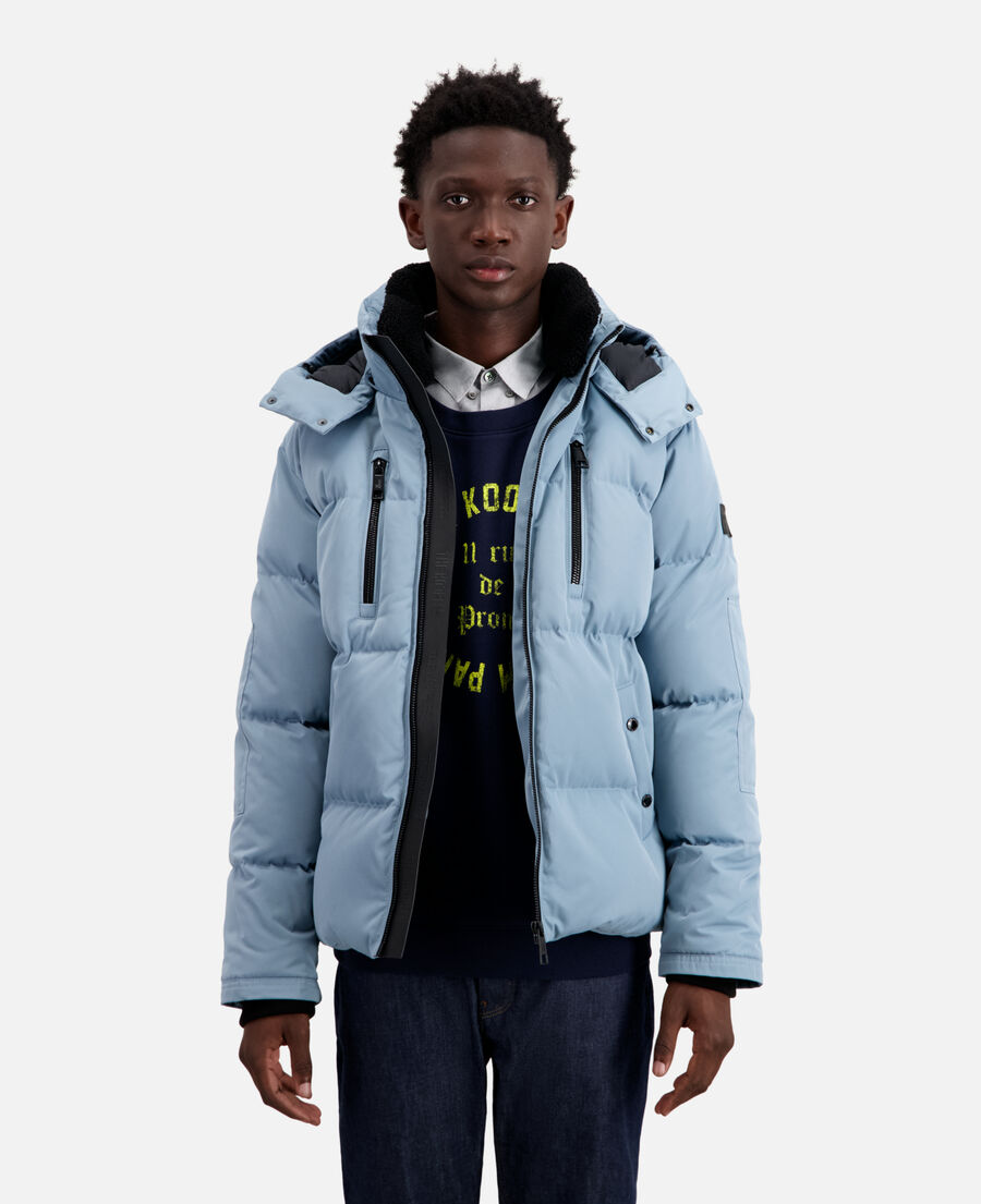 blue hooded puffer jacket