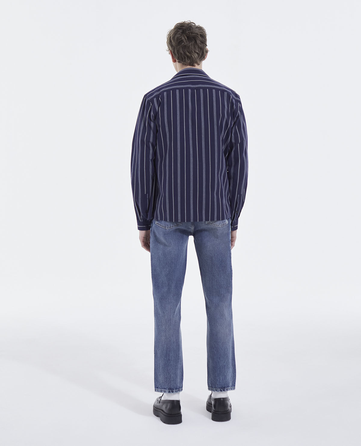 Navy blue striped Hawaiian-collar shirt
