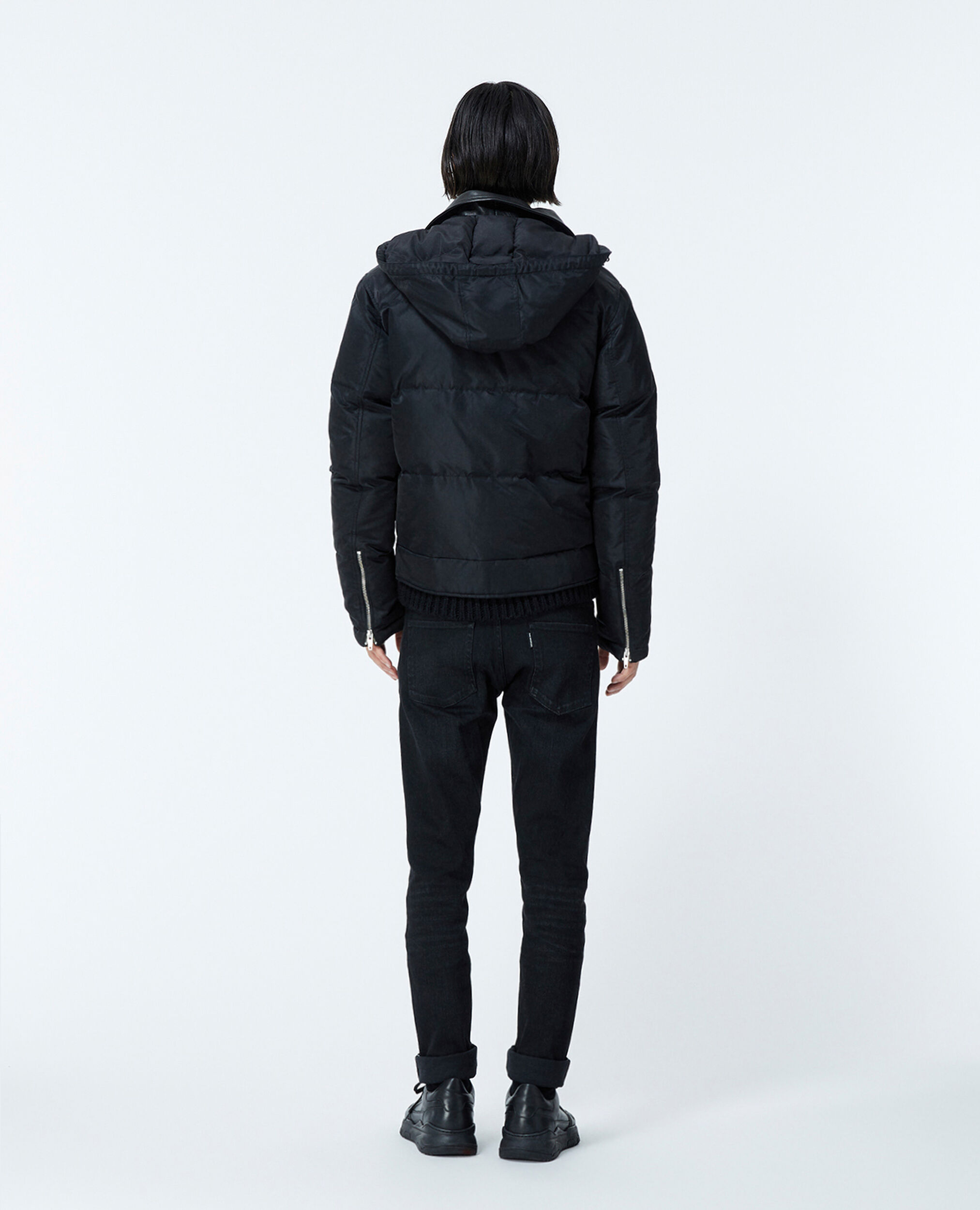 Quilted black down jacket with leather detail, BLACK, hi-res image number null