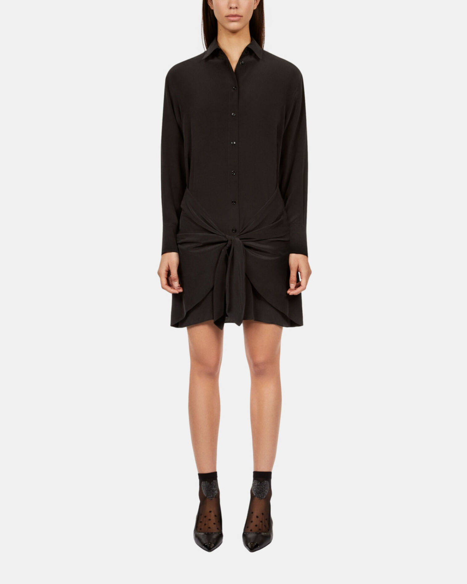 Short black shirt dress with bow, BLACK, hi-res image number null