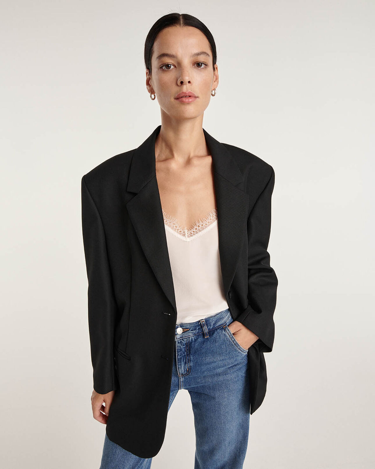 The Kooples WOMEN BLACK oversized black wool jacket w/three buttons