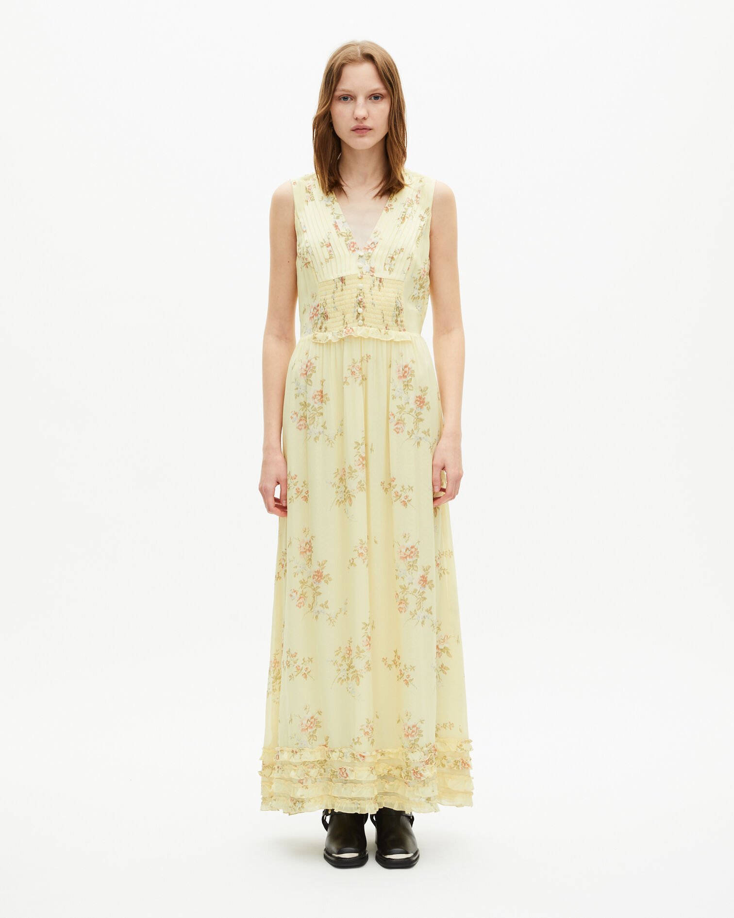 Long yellow floral print dress, YELLOW, hi-res image number null