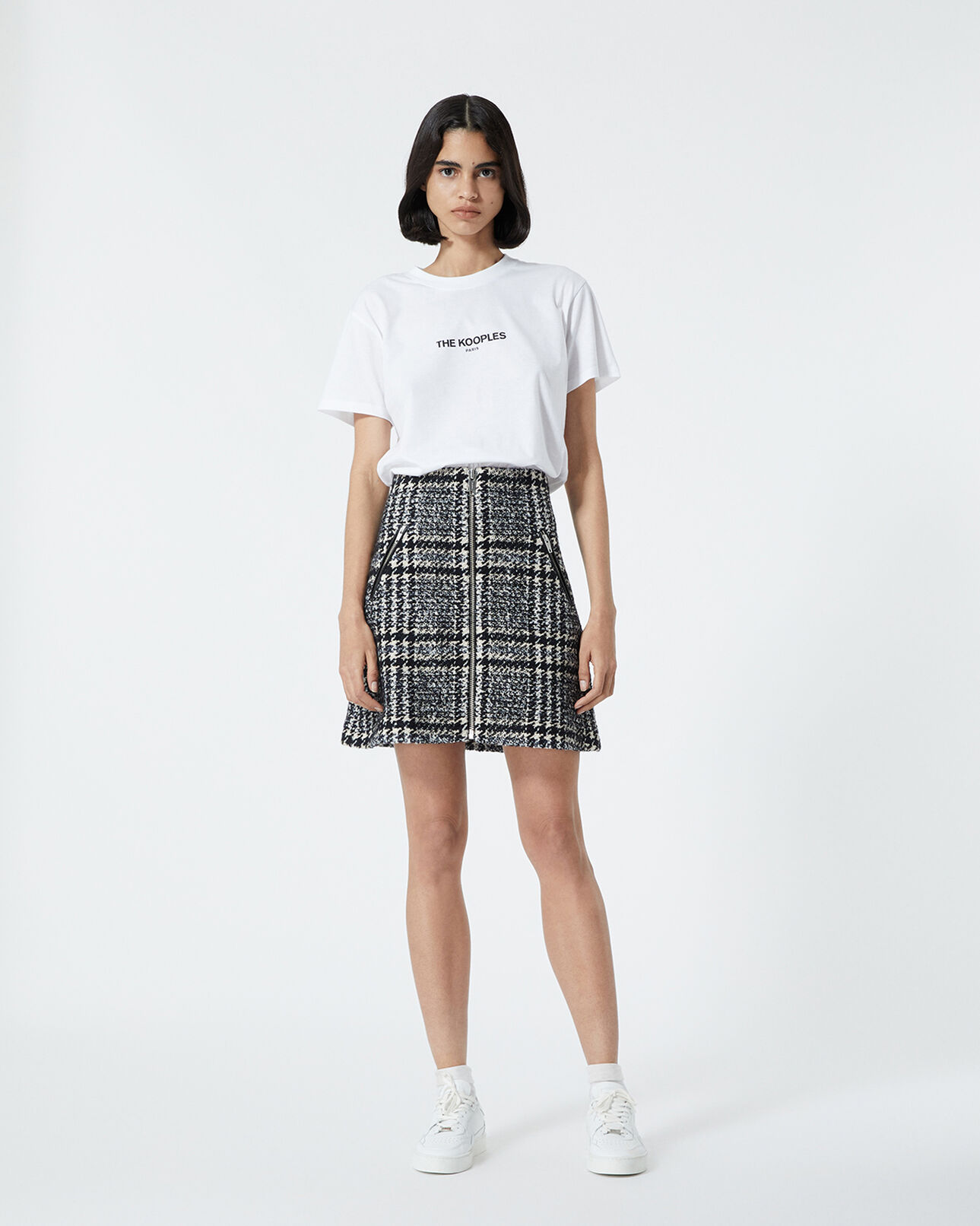 The Kooples WOMEN DARK NAVY short blue tweed skirt with leather detail