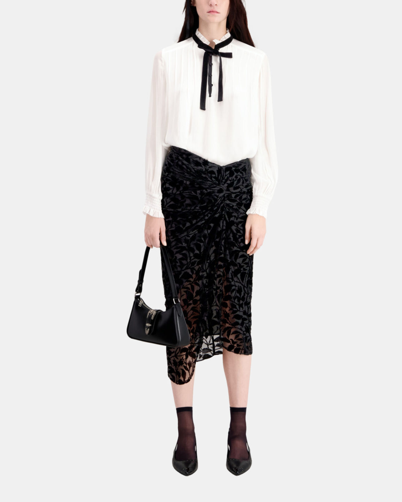 The Kooples DAMEN BLACK halblanger schwarzer rock aus devoré-samt